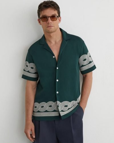 Reiss Cotton-Blend Embroidered Cuban-Collar Shirt in Dark Green - REISS